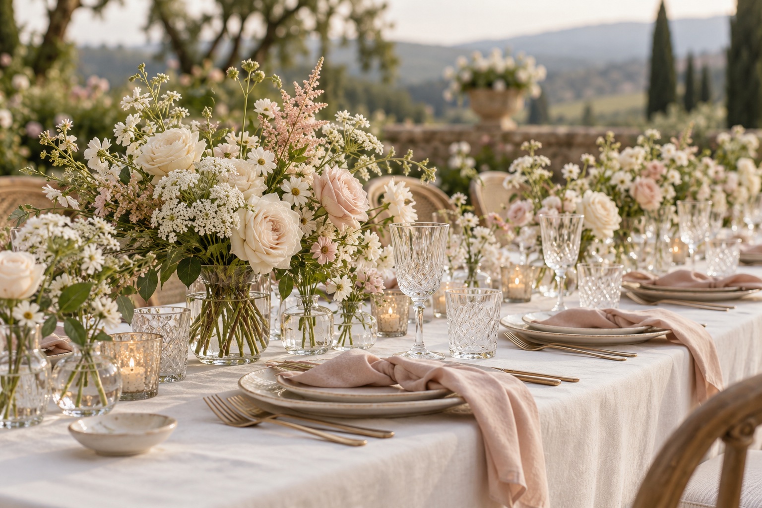 An elegant wedding table with ivory flowers, blush linen and crystal glassware